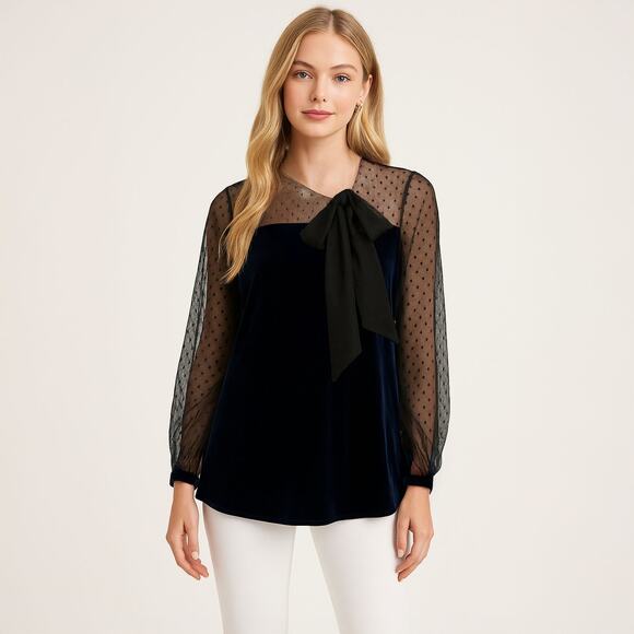 NWT BCBGMaxAzria Navy Velvet & Black Lace Sleeve Top Sz Small - Picture 1 of 11